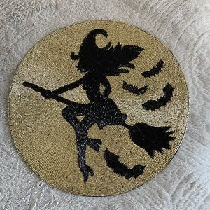 Beaded Halloween Witch On A Broom Charger 15”